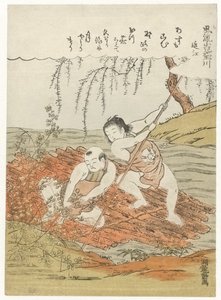 Two Boys Collecting Hagi (Branches with Leaves) from a Raft on a River by Isoda Koryusai