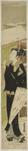 Young Man with Umbrella Knocking on Gate in Snow by Isoda Koryusai