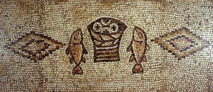 Byzantine mosaic depicting fish and loaves of bread by Israeli School