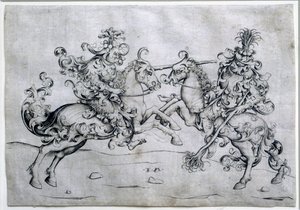 Two riders playing. Game of two men on horseback. Drawing by Israel Van Meckenem. Louvre Museum by Israhel van the younger Meckenem