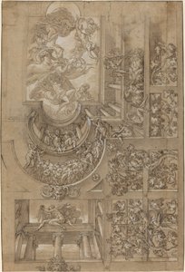 Illusionistic Ceiling with a Grape Arbor, Figures Poised on Galleries, and a Central Scene of Olympian Gods by Italian 16th Century