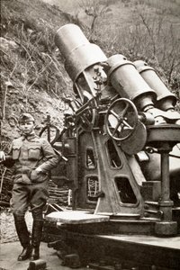 First World War: Italian Army Soldier Laying Near a Mortar, 1917, Italy