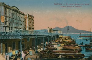Naples - view of the Grand Hotel Santa Lucia and Mount Vesuvius. Postcard sent in 1913 by Italian Photographer