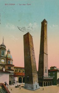 The two towers in Bologna, Italy. Postcard sent in 1913 by Italian Photographer