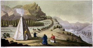 A Laplander Hut or Octagonal Tent with a Herd of Reindeer Coming Down the Mountain, Plate 47 from 