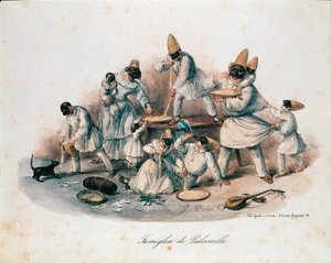 A family of Pulcinella devouring pasta