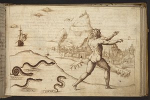 Snakes pursuing a human figure, from Historia Animalium by Italian School