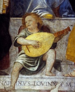 Angel musician playing lute. (detail) by Italian School