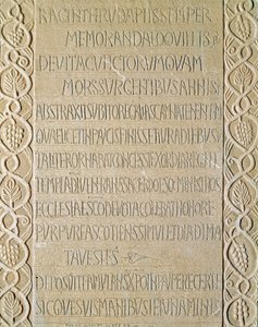 Archaeology of the Middle Ages. Barbarian Art of Lombardy: tombstone of Queen Ragnetrude dates from 740-750. Lombard art. Pavia, Civic Museum, Archaeological Section
