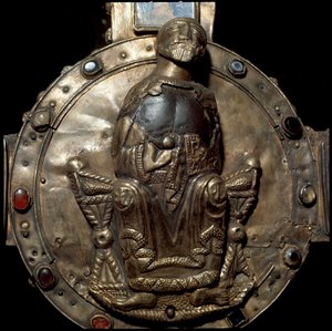 Barbarian art of Lombardy: Cross of Desiderio (Cross of King Didier). Silver and gold leaves inlaid with precious stones, glass and cameos. (detail)