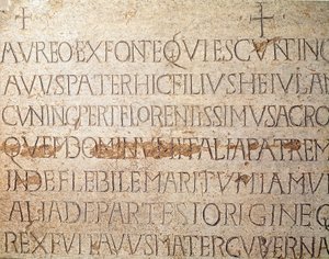 Archaeology of the Middle Ages: Barbarian Art of Lombardy: Tombstone of King Cunipert. 678-700. Pavia, Civic Museum, Archaeological Section