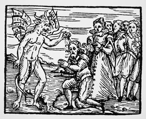 Baptism by the Devil, copy of an illustration from Compendium Maleficarum by Fr M Guaccius, used in History of Magic by Italian School