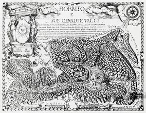 Bormio and its five valleys, engraving by Italian School