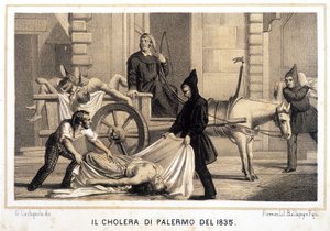 Cart picking up the dead during the cholera epidemic in Palermo in 1835 by Italian School