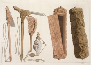 Carved and decorated Aboriginal tools, illustration from a collection of early 19th Century travel books