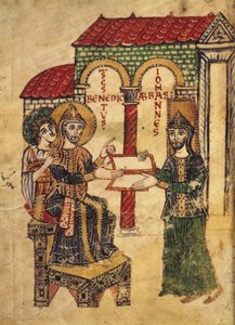 Abbot John Offering the Manuscript to St. Benedict, from the Commentary on the Monastic Rules of St. Benedict, written by Deacon Paul, Italian, 915