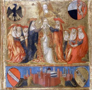 Coronation of Pius II (Enea Silvio Piccolomini). Italian Pope (1458 - 1464). Downstairs is the fortified city of Siena. Bicherna (cover of the accounting register of the city of Siena) from 1460. National Archive - Museo delle Tavolette de B