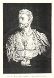 Cosimo I, Marble and Porphyry Bust, by Benvenuto Cellini, at the Uffizi (engraving) by Italian School