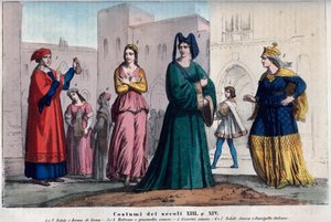 Costumes in Siena between the XIII and XIV century - engraving from Usi e Costumi di Tutti i Popoli dell