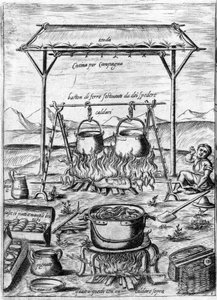 Country kitchen: cauldrons and pots are placed on fire. Engraving from 