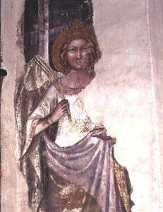 Crowned figure holding a palm frond, possibly an angel