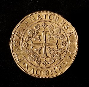Currency of the Republic of Genoa: 20 gold doppie. Diameter 58 mm. 1645. Front. Genoa Musei di Strada Nuova