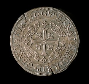 Currency of the Republic of Genes: ECU wide in silver. Diam. 61 mm. 1693. front. Genes Musei di Strada Nuova