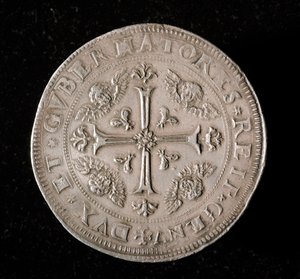 Currency of the Republic of Genoa: Six Ecus Silver Coin. 1715. Back. Genoa Musei di Strada Nuova by Italian School