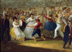 Dance Scene and Popular Party in Naples. Dancers of Tarantella. Anonymous Painting. 18th Century