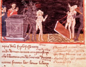 Dante and Virgil surrounded by the pimps and seducers (song 18 from Hell, in the Divine Comedy) - Miniature by Italian School