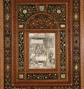 (detail) Engraving on ivory, after Memling, from a cabinet given to Mary Queen of Scots and Francis II as a wedding gift