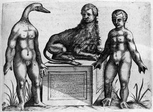 Different types of human monsters: a man with the head of a duck, a man with the body of a lion and another with palm hands. Engraving from 