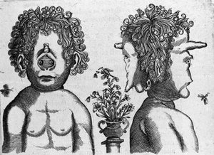 Different types of human monsters: face and face of monster head. Engraving from “De monstrorum natura, causis et differentiis” by Fortunio Liceti (1577-1656), Italian scientist. 1646 by Italian School