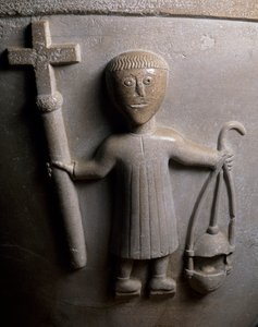 Figure of liturgical procession, detail from baptismal font decorated in relief, white limestone, Church of San Geminianus, Vicofertile, Emilia-Romagna, Italy by Italian School
