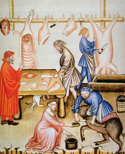 The Butchers: Pig Meat, illustration from Tacuinum Sanitatis Codex Vindobonensis