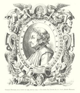 Francesco Petrarch, born in Arezzo in 1304, died in 1374, Fac-simile of a 16th Century Portrait, British Museum (engraving) by Italian School
