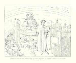 Fresco at the Porta dei Servi of Santa Croce, Allegorical Painting, Dante, Florence and the Seven Circles, By Domenico di Michelino (engraving) by Italian School