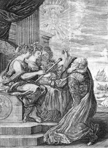 Galileo, astronomer (1564 - 1642) presents the telescope to the three graces. With his right hand, he indicates the planet Jupiter with his satellites discovered by himself and dedicated to the Medici family. Frontispiece of 