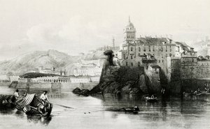 Genoa marina wall with Villa Doria Pamphili in background, engraving, Italy