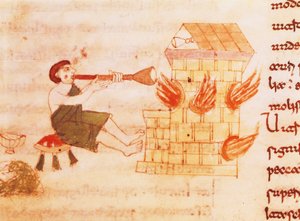 Glassblowers, miniature from "De universo" by Rabano Mauro, manuscript, Italy 11th Century