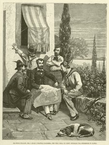 The Italian Exiles, Including the Bandiera Brothers, Studying an Expedition to Their Homeland on the Island of Corfu (engraving) by Italian School