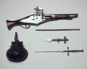 Group of Weapons: Wheellock Pistol, Winding Key, Powder Flask and Stiletto by Italian School