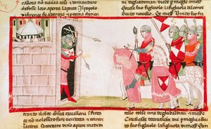 Guelfs block Ghibellines from re-entering the city, miniature from the Cronica by Giovanni Villani
