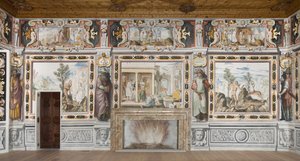 Hall of the Zodiac: Gods punishing men and male figures representing the months of the year