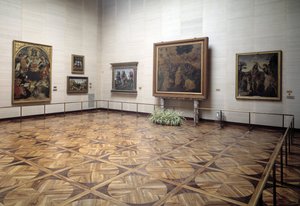 Hall of the Museum Presenting The Adoration of the Magi by Vinci, the Baptism of Christ by Verrocchio and Vinci, the Holy Trinity with Virgin and Saints by Signorelli by Italian School