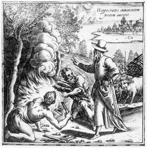 Hippocrates explaining the importance of contagion in the plague epidemic, title page from Hippocratis Opera Quae Extant, published in Venezia, 1588 by Italian School