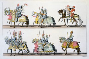 Holy Roman Empire: Participants in a tournament at the Castle of Luxembourg in the time of Maximilian I, from Costumi dei Romani, Svizzeri.. c.1800-18