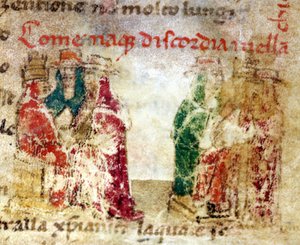 How discord was born in the Church of Rome (Schism) between 1378 and 1417: manuscript of the 14th century. in “Croniche del Sercambi”. National Archive, Lucca. by Italian School