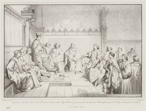 The first Herald of the King of France declares war to the Republic by throwing the gauntlet by Italian School