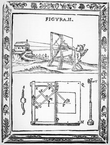 Illustration of Giulio Troilis idea of using a pantograph to draw in perspective, from the original published in 1683